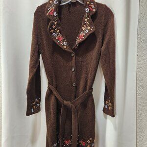 Cottage Core flower embroidery brown button up long cardigan with belt